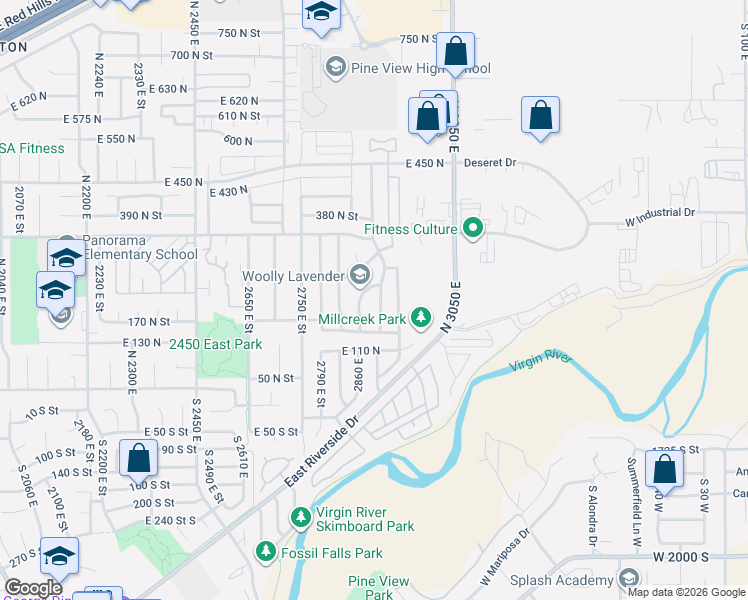 map of restaurants, bars, coffee shops, grocery stores, and more near 217 North 2900 East in St. George