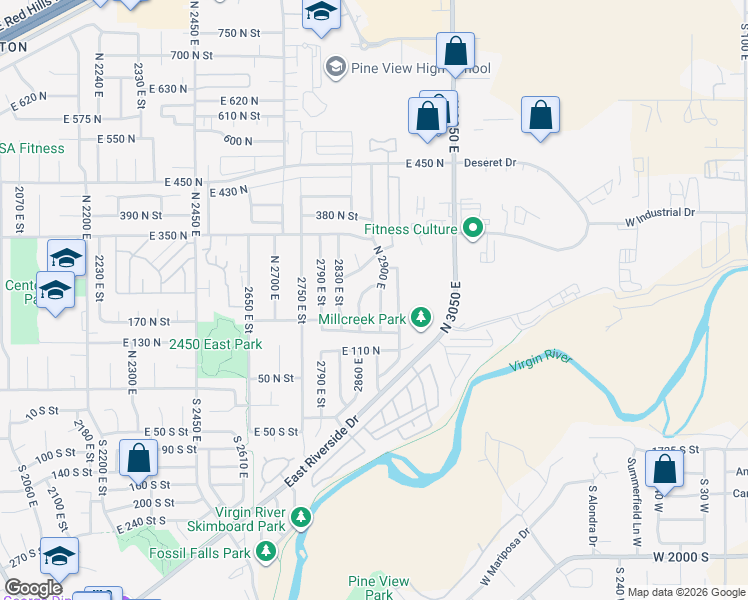 map of restaurants, bars, coffee shops, grocery stores, and more near 217 North 2900 East in St. George