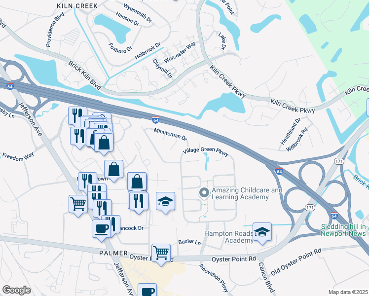 map of restaurants, bars, coffee shops, grocery stores, and more near 599 Crown Point Drive in Newport News