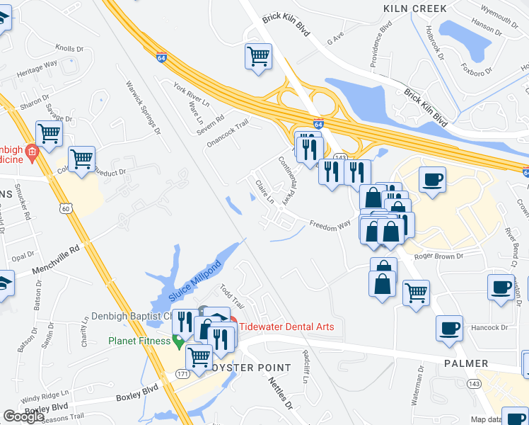 map of restaurants, bars, coffee shops, grocery stores, and more near 602 Red Hill Road in Newport News