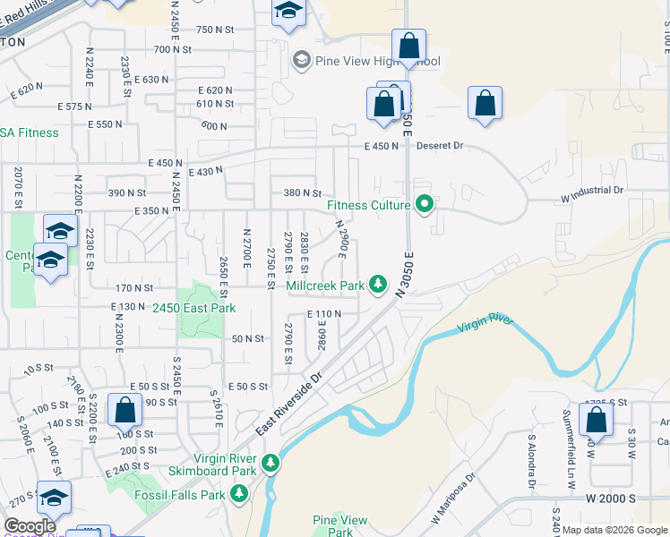 map of restaurants, bars, coffee shops, grocery stores, and more near 217 North 2900 East in St. George