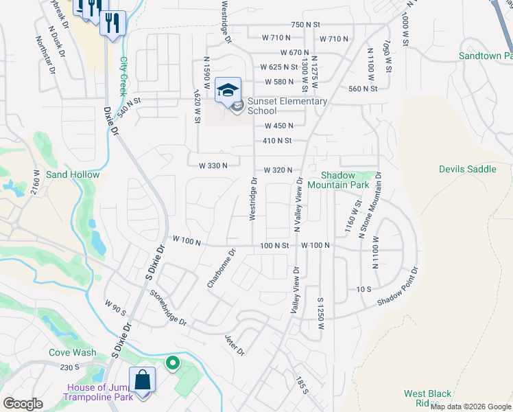 map of restaurants, bars, coffee shops, grocery stores, and more near 210 Westridge Drive in St. George