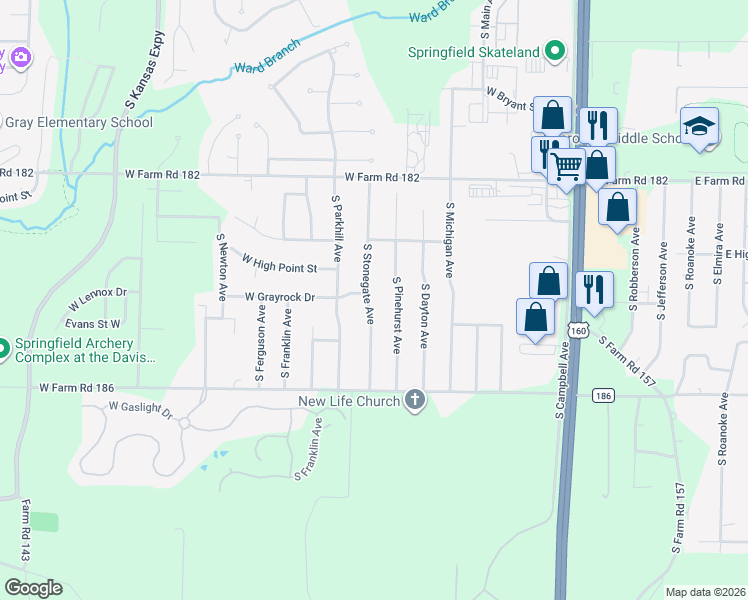 map of restaurants, bars, coffee shops, grocery stores, and more near 5661 South Stonegate Avenue in Springfield