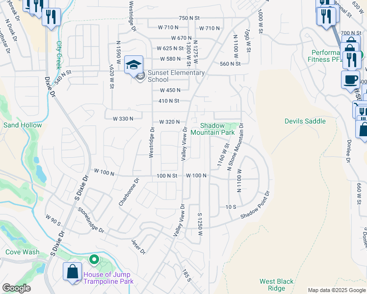 map of restaurants, bars, coffee shops, grocery stores, and more near Valley View Drive in St. George