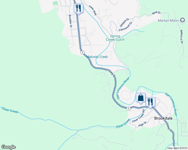 map of restaurants, bars, coffee shops, grocery stores, and more near Mountain View in Boulder Creek