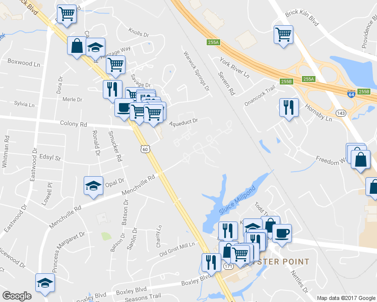 map of restaurants, bars, coffee shops, grocery stores, and more near 461 Youngs Mill Lane in Newport News