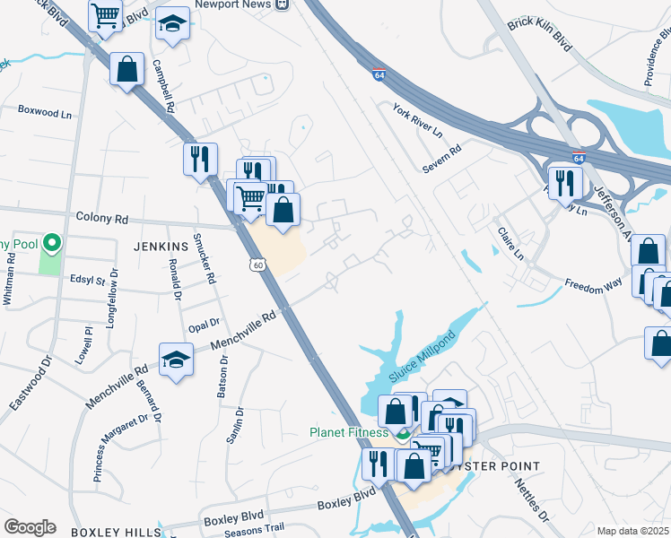 map of restaurants, bars, coffee shops, grocery stores, and more near 461 Youngs Mill Lane in Newport News