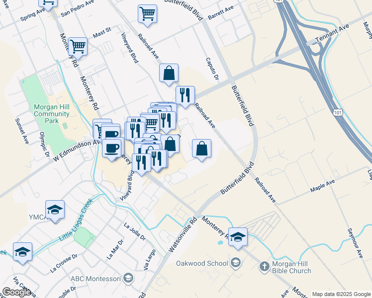 map of restaurants, bars, coffee shops, grocery stores, and more near 15105 Concord Circle in Morgan Hill