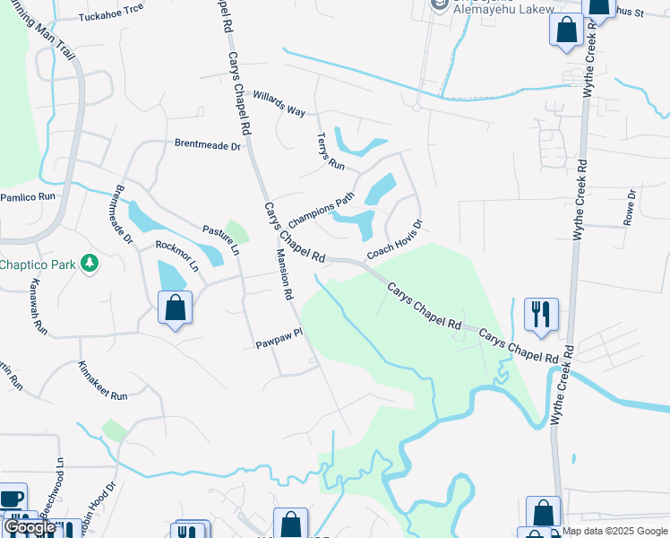 map of restaurants, bars, coffee shops, grocery stores, and more near 707 Carys Chapel Road in Yorktown