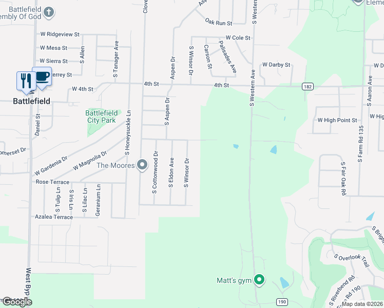 map of restaurants, bars, coffee shops, grocery stores, and more near 5668 S Winsor Dr in Battlefield
