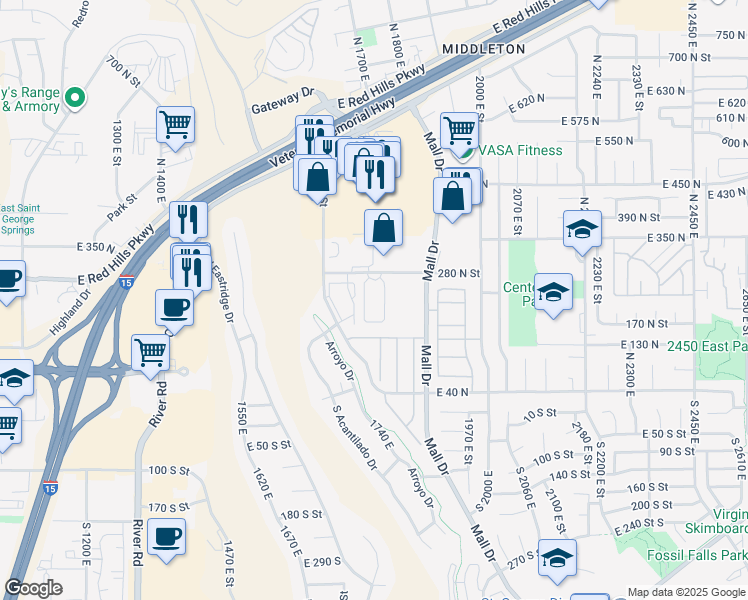 map of restaurants, bars, coffee shops, grocery stores, and more near 145 North Mall Drive in St. George