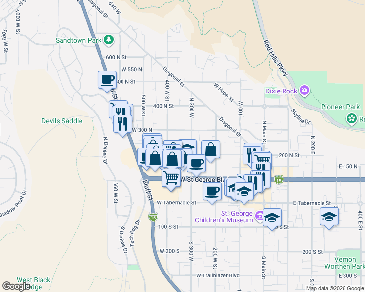 map of restaurants, bars, coffee shops, grocery stores, and more near 337 West 200 North in St. George