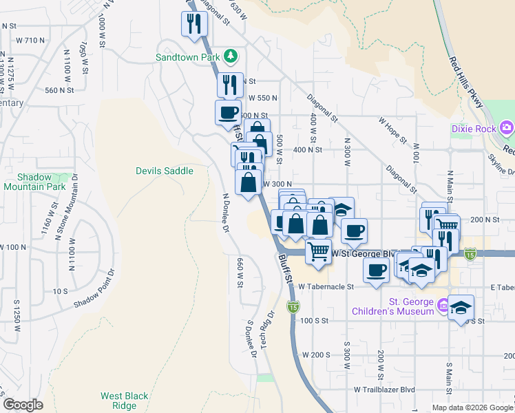 map of restaurants, bars, coffee shops, grocery stores, and more near 181 N Bluff St in St George