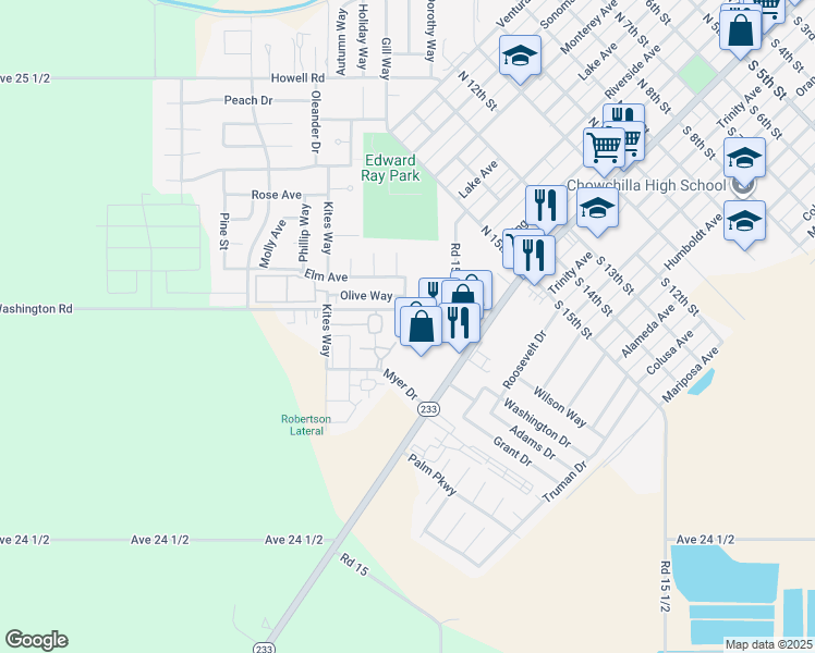 map of restaurants, bars, coffee shops, grocery stores, and more near 200 Myer Drive in Chowchilla