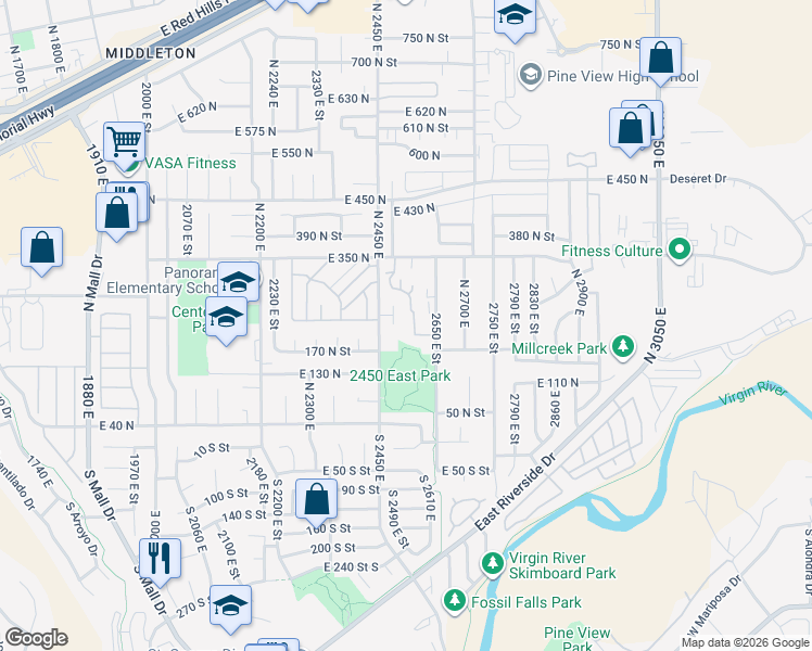 map of restaurants, bars, coffee shops, grocery stores, and more near 2450 East Park Loop in St. George