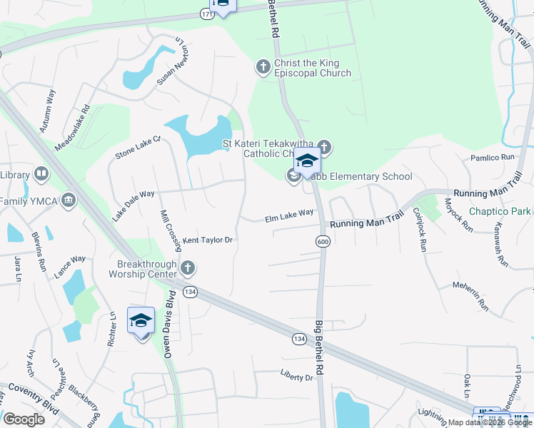 map of restaurants, bars, coffee shops, grocery stores, and more near 117 Elm Lake Way in Yorktown