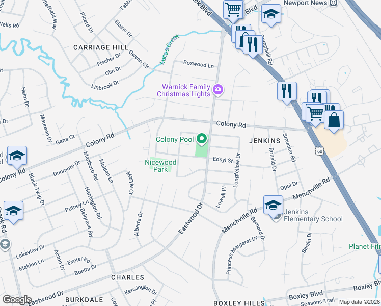 map of restaurants, bars, coffee shops, grocery stores, and more near 168 Mark Twain Drive in Newport News