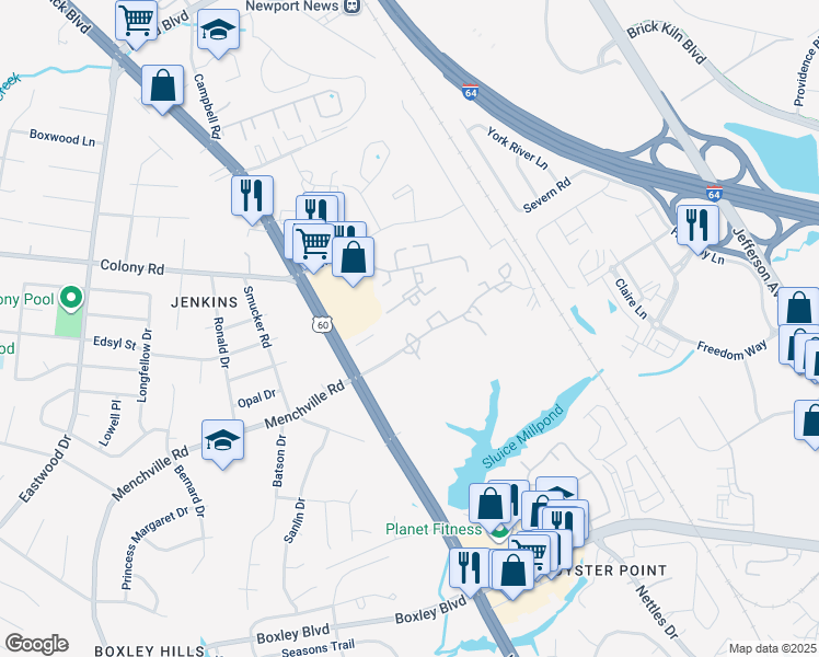 map of restaurants, bars, coffee shops, grocery stores, and more near 453 Youngs Mill Lane in Newport News
