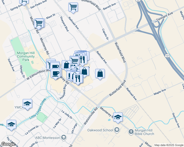 map of restaurants, bars, coffee shops, grocery stores, and more near 15105 Concord Circle in Morgan Hill