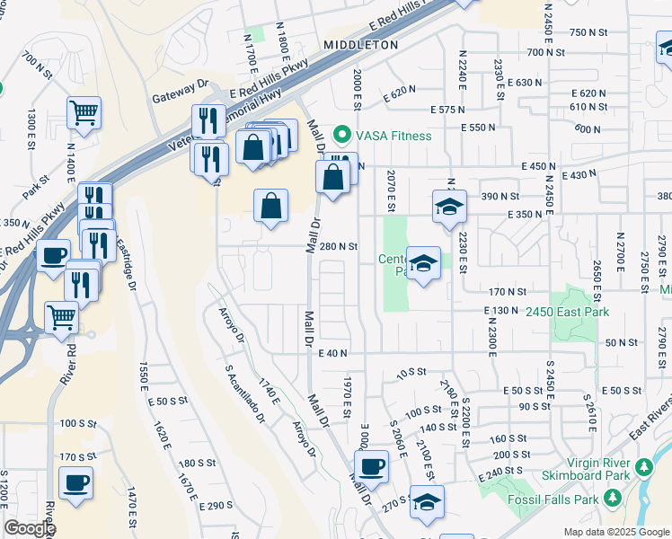 map of restaurants, bars, coffee shops, grocery stores, and more near 210 North Mall Drive in St. George