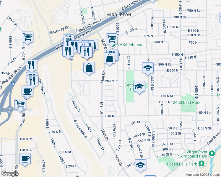 map of restaurants, bars, coffee shops, grocery stores, and more near 210 North Mall Drive in St. George