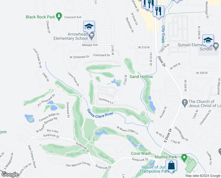 map of restaurants, bars, coffee shops, grocery stores, and more near 225 North Country Lane in St. George