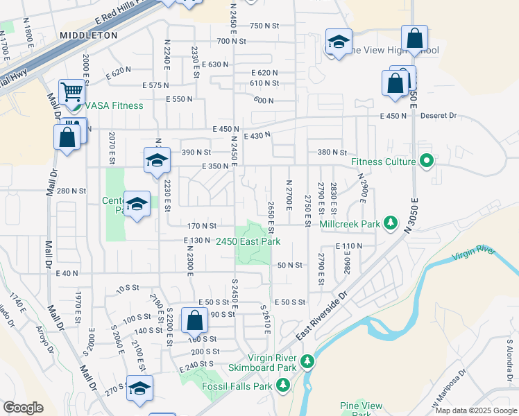 map of restaurants, bars, coffee shops, grocery stores, and more near 240 North Sunflower Drive in St. George
