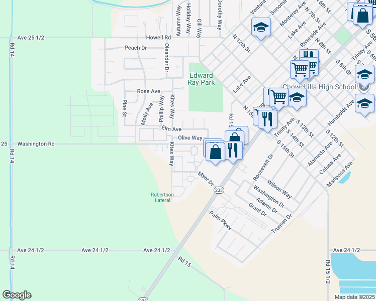 map of restaurants, bars, coffee shops, grocery stores, and more near 340 Olive Way in Chowchilla