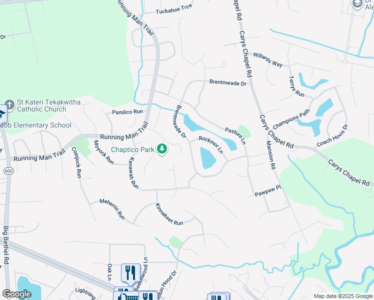 map of restaurants, bars, coffee shops, grocery stores, and more near 402 Brentmeade Drive in Yorktown