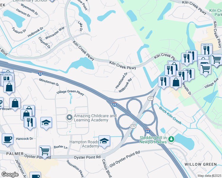 map of restaurants, bars, coffee shops, grocery stores, and more near 973 Willbrook Road in Newport News