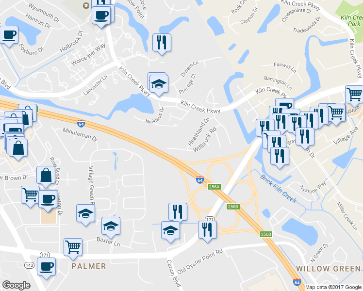 map of restaurants, bars, coffee shops, grocery stores, and more near 973 Willbrook Road in Newport News