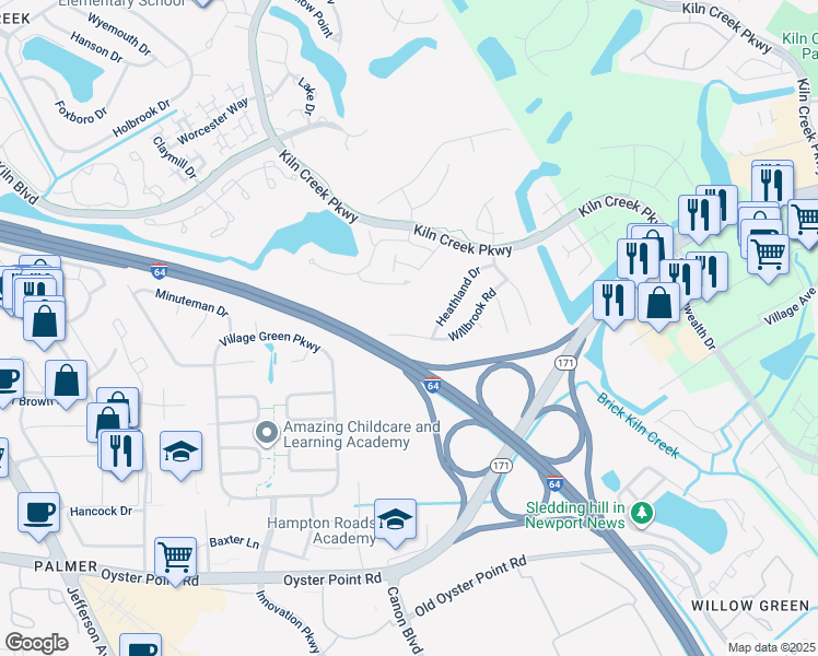 map of restaurants, bars, coffee shops, grocery stores, and more near 977 Willbrook Road in Newport News