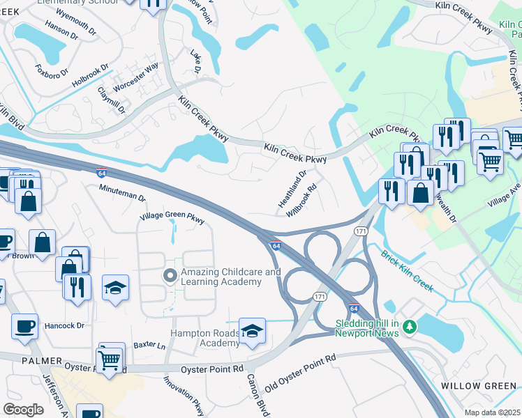 map of restaurants, bars, coffee shops, grocery stores, and more near 977 Willbrook Road in Newport News