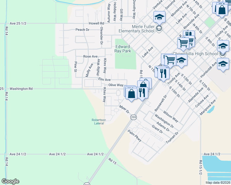 map of restaurants, bars, coffee shops, grocery stores, and more near 255 Washington Road in Chowchilla
