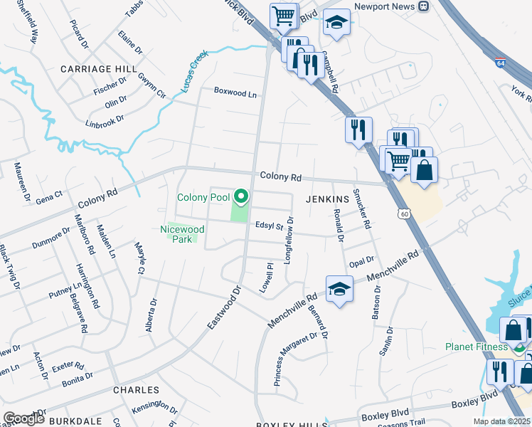 map of restaurants, bars, coffee shops, grocery stores, and more near 157 Melville Drive in Newport News