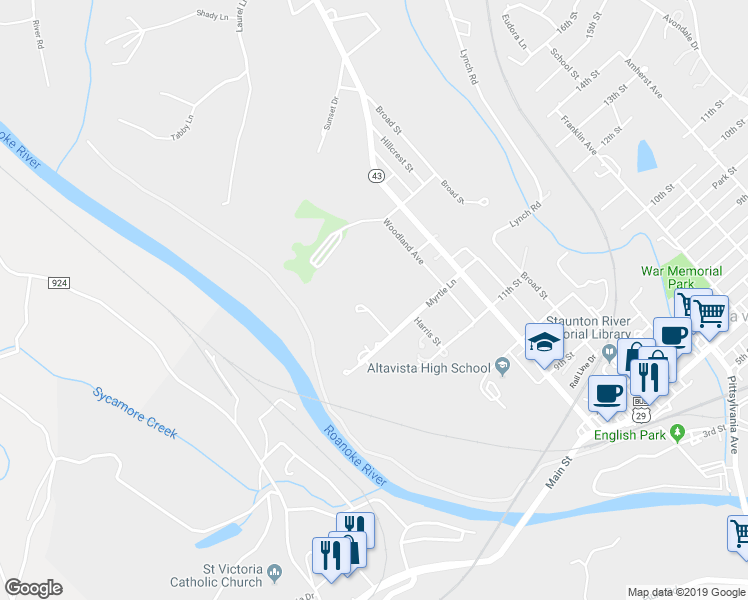 map of restaurants, bars, coffee shops, grocery stores, and more near 1207 Elsom Street in Altavista