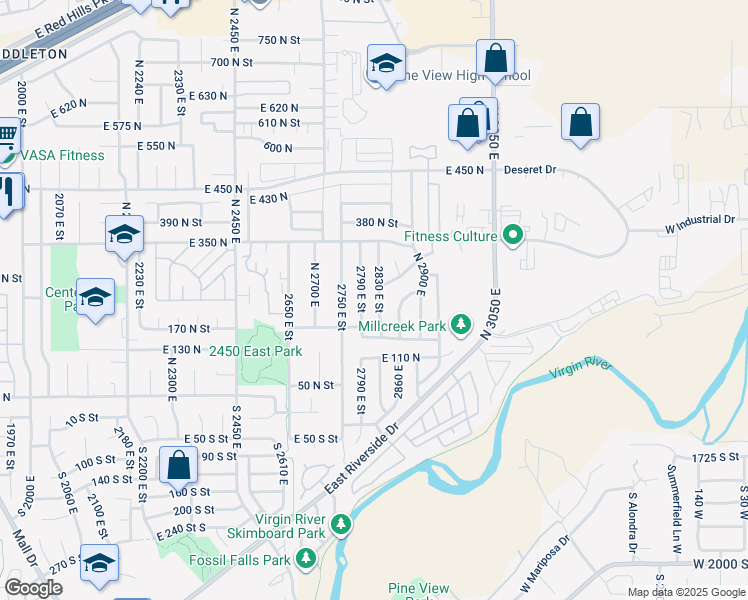 map of restaurants, bars, coffee shops, grocery stores, and more near 233 North 2830 East in St. George