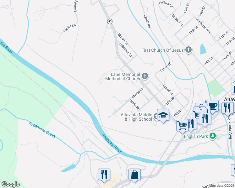 map of restaurants, bars, coffee shops, grocery stores, and more near 1207 Elsom Street in Altavista