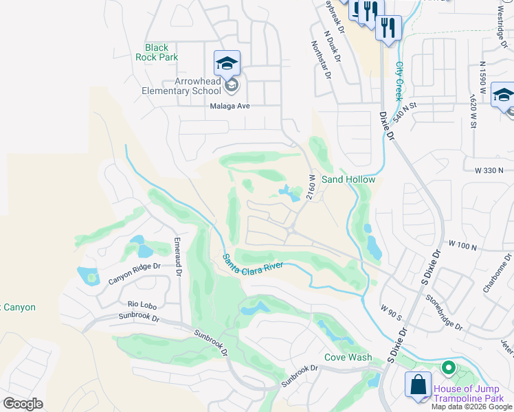 map of restaurants, bars, coffee shops, grocery stores, and more near Unnamed Road in St. George