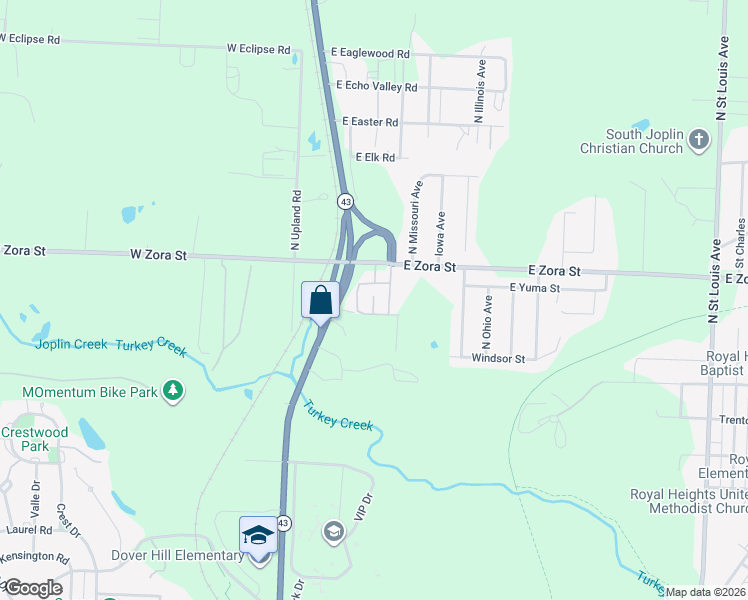map of restaurants, bars, coffee shops, grocery stores, and more near 2525 S Main St in Joplin