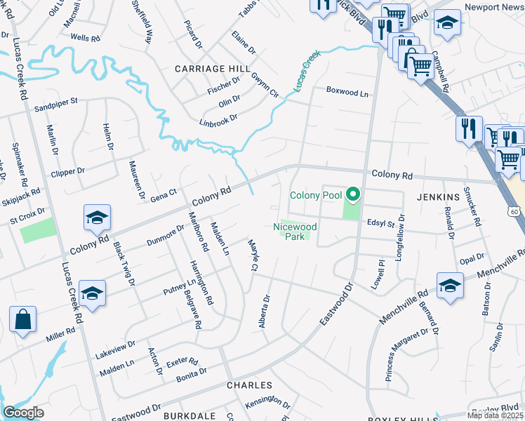 map of restaurants, bars, coffee shops, grocery stores, and more near 237 Yoder Lane in Newport News