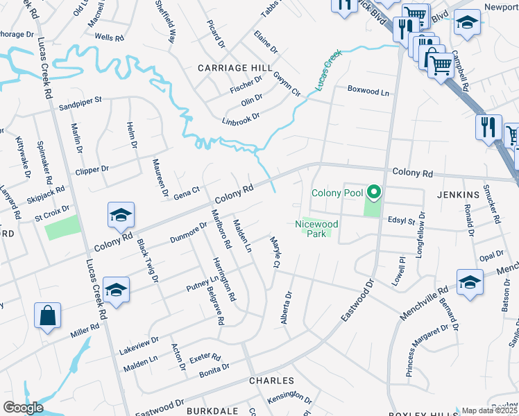 map of restaurants, bars, coffee shops, grocery stores, and more near 409 Dunmore Drive in Newport News