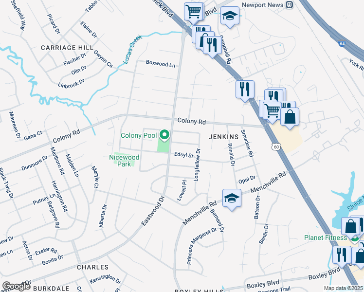map of restaurants, bars, coffee shops, grocery stores, and more near 157 Melville Drive in Newport News