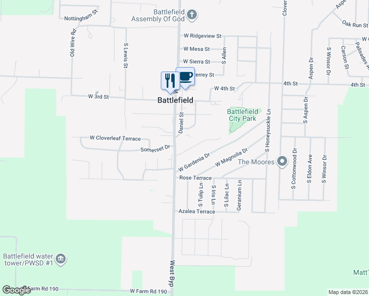 map of restaurants, bars, coffee shops, grocery stores, and more near 4221 Somerset Drive in Battlefield