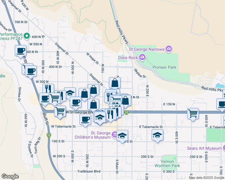 map of restaurants, bars, coffee shops, grocery stores, and more near 38 West 250 North in St. George