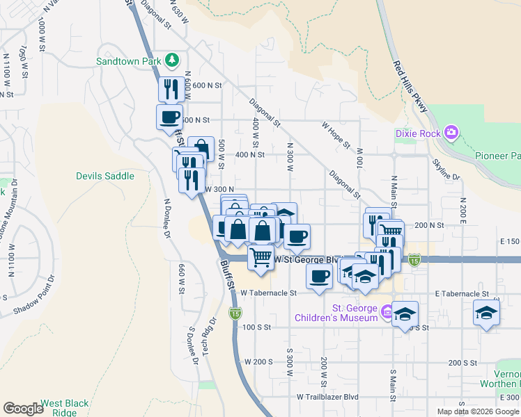 map of restaurants, bars, coffee shops, grocery stores, and more near 285 North 400 West in St. George