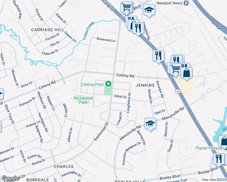 map of restaurants, bars, coffee shops, grocery stores, and more near 162 Melville Drive in Newport News