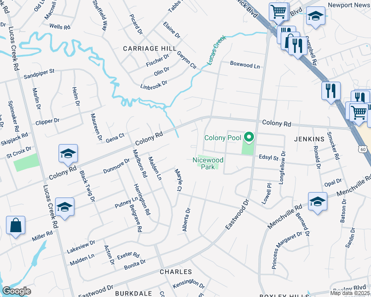 map of restaurants, bars, coffee shops, grocery stores, and more near 237 Yoder Lane in Newport News