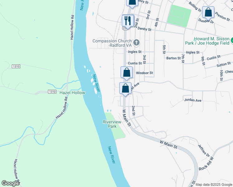 map of restaurants, bars, coffee shops, grocery stores, and more near 19 Montgomery Street in Radford