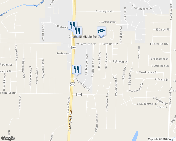 map of restaurants, bars, coffee shops, grocery stores, and more near 5580 South Robberson Avenue in Springfield
